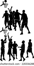 set of silhouettes of basketball team isolated on white background