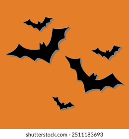 Set of silhouettes of bats for halloween flying - Orange background