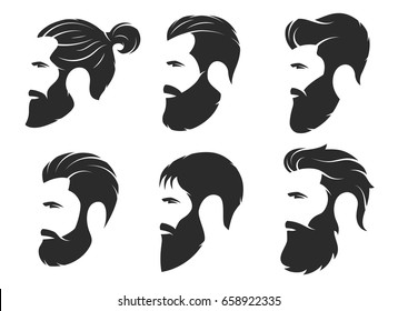 Set of silhouettes of a bearded men, hipster style. Barber shop emblems. Fashion badges labels. Vector illustration.