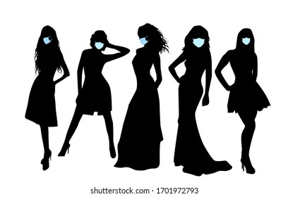 Set of silhouettes of beautiful girls in medical masks. Respiratory protection concept. Podium. Vector illustration