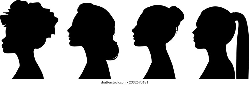 set of silhouettes of beautiful women. Stylish hairstyle. Portrait profile. Universal isolated avatar