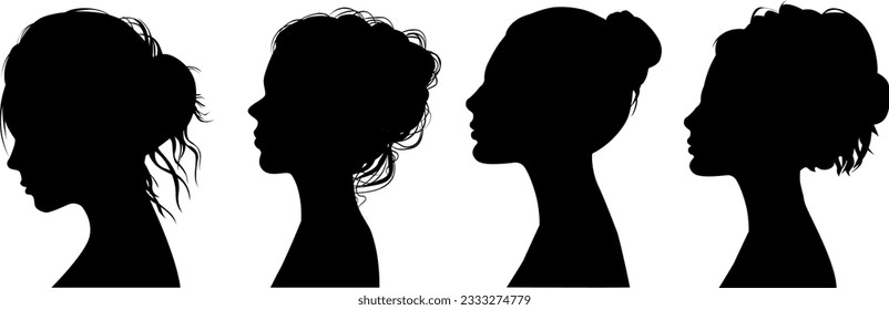 set of silhouettes of beautiful women. Stylish hairstyle. Portrait profile. Universal isolated avatar