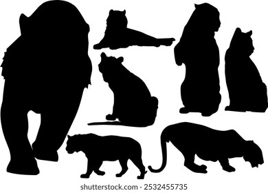 set of silhouettes of big cats, tigers on a white background