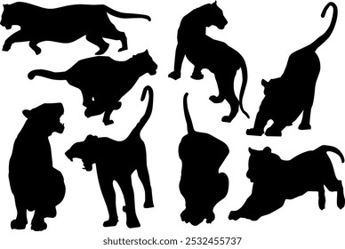 set of silhouettes of big cats, tigers on a white background