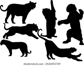 set of silhouettes of big cats, tigers on a white background