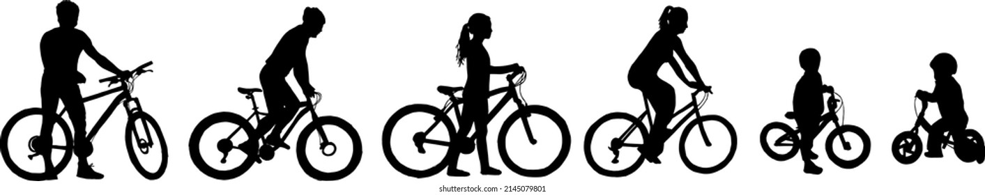 Set of silhouettes of bike riders in different positions isolated on white background.  Man, woman, child. Black and white illustration. 