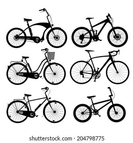 Set of silhouettes of bikes, isolated on white.
