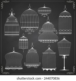 Set of silhouettes of birdcages. Vector illustration on the chalkboard background