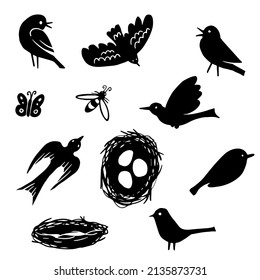 Set of silhouettes of birds in different poses. Vector illustrations for Easter and nature-themed  spring designs. Isolated on white background.