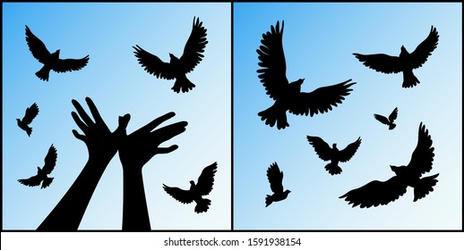 Set of silhouettes of birds and hand gesture on blue background. Bird shaped hands. Flocks of pigeons in sky. Vector illustration with isolated elements for design