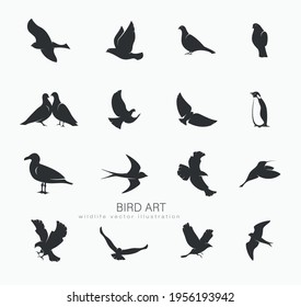 set of silhouettes of birds in motion on a white background . Vector illustration