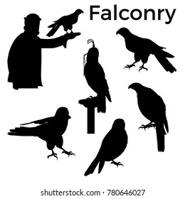 Set of silhouettes birds of prey. Vector illustration isolated on white background.