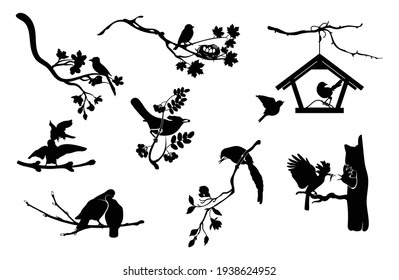 Set of silhouettes of birds sitting on tree branches. Collection of black outline of a flock of spring birds. Decorative tree branch with bird. Vector illustrations of animals of the fauna. 