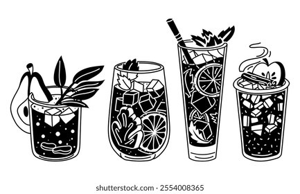 set of silhouettes of black drinks on a white background. Seamless texture of drinks for bar, restaurant. glasses are randomly placed. glass with cozy drinks. Printing for menus on packaging, paper