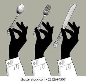 Conjunto de siluetas de manos negras femeninas con cuchillo de mesa, tenedor y cuchara en los dedos. Dibujo estilizado de época. Ilustración del vector