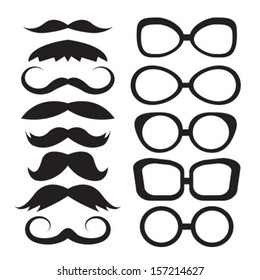 Set silhouettes black glasses and mustache on white background