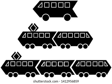 Set of silhouettes of black metro trams and electric trains with two or three cars and bus. Vector icon flat simple style. Look like arrows and directions
