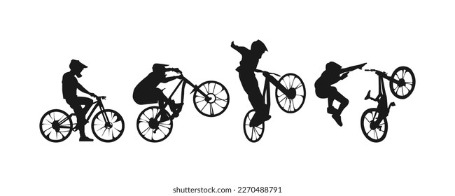 set of silhouettes of bmx biker, downhill, cyclists with different position, gesture, pose. drove, jumped, freestyle, fell. extreme sport, bicycle, vehicle concept.