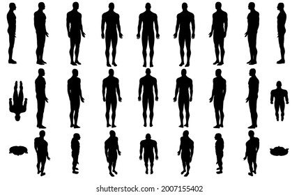 Set with silhouettes of a body of a man in different positions isolated on a white background. Vector illustration