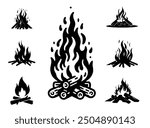 A set of silhouettes of bonfires in nature. Burning bonfires