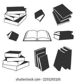 Set of silhouettes of books, stacks and open book, vector set isolated on white background