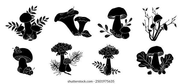 Set of silhouettes of botanical compositions with autumn mushrooms and forest plants, conifers, dry leaves. Vector graphics.