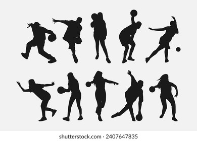 set of silhouettes of bowling player, bowler. sport, hobby, active concept. vector illustration.