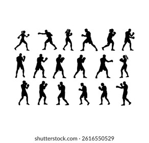 Set of silhouettes of boxer fighting