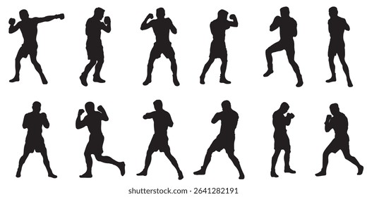 
Set of silhouettes of boxer fighting.  Boxer in different pose black silhouette set . EPS 10