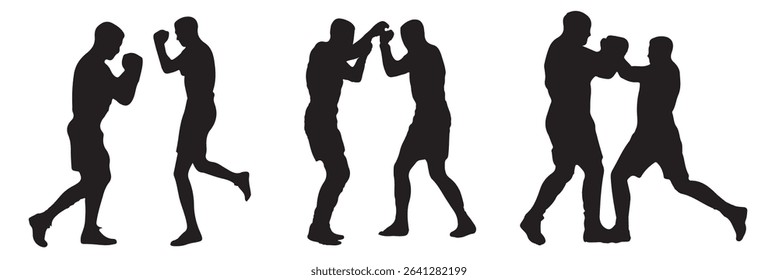 
Set of silhouettes of boxer fighting.  Boxer in different pose black silhouette set . EPS 10