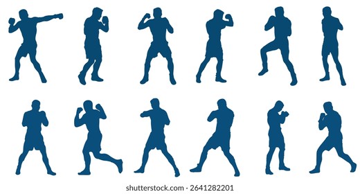 
Set of silhouettes of boxer fighting.  Boxer in different pose black silhouette set . EPS 10