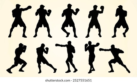 Set silhouettes of boxers in various stances and action poses, throwing punches and guarding, showcasing different boxing techniques and movements on a light background.