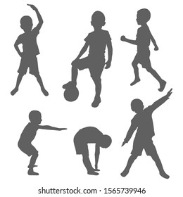 Set of silhouettes of a boy doing sports and fitness. The concept of performing physical exercises by a child and outdoor activities. Healthy lifestyle. Isolated vector on a white background.