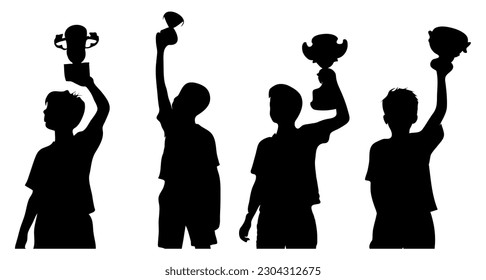 set of silhouettes of boy holding up a winning trophy