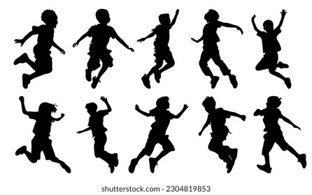 set of silhouettes of boys jumping high happily