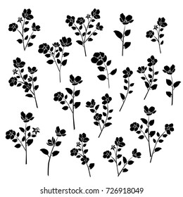 Set of silhouettes of branches Apple or cherry with flowers, black color, isolated on white background