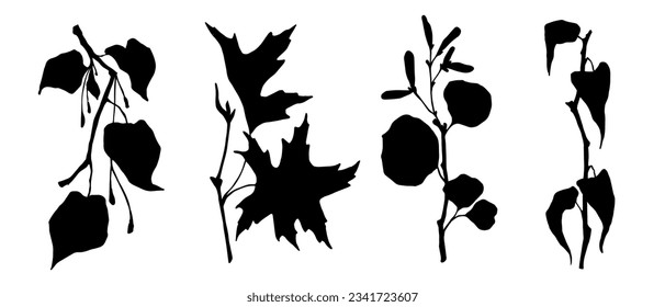 Set of silhouettes of branches with leaves.Vector graphics.