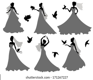 Conjunto de siluetas de novias con pájaros.