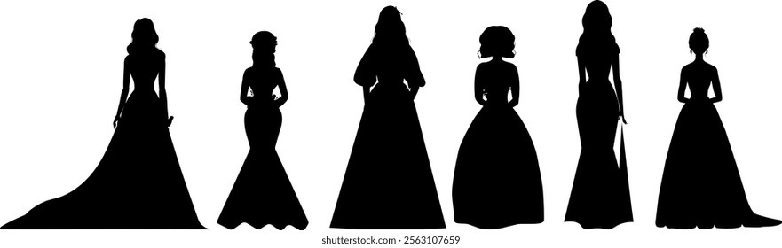 Set of silhouettes of a brides. Different girls. Vector illustration