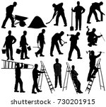 Set of silhouettes of builder men in helmet with isolated on white background. Icons of man working with  instruments: ladder, pliers, bucket, bricks, burrow, hammer.
