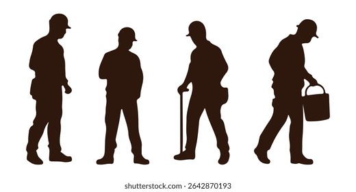 Set of silhouettes of builder men in helmet with isolated on white background. Icons of man working with instruments: ladder, pliers, bucket, bricks, burrow, hammer.