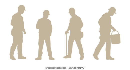 Set of silhouettes of builder men in helmet with isolated on white background. Icons of man working with instruments: ladder, pliers, bucket, bricks, burrow, hammer.