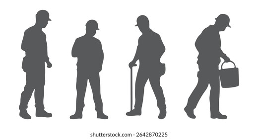 Set of silhouettes of builder men in helmet with isolated on white background. Icons of man working with instruments: ladder, pliers, bucket, bricks, burrow, hammer.