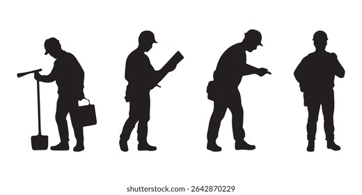 Set of silhouettes of builder men in helmet with isolated on white background. Icons of man working with instruments: ladder, pliers, bucket, bricks, burrow, hammer.
