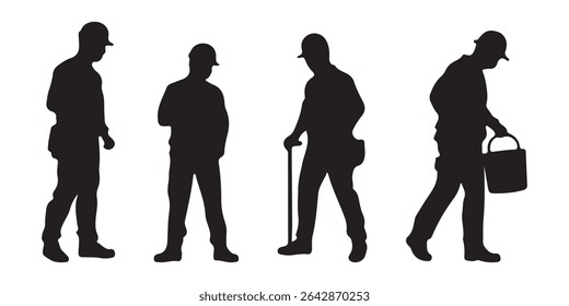 Set of silhouettes of builder men in helmet with isolated on white background. Icons of man working with instruments: ladder, pliers, bucket, bricks, burrow, hammer.
