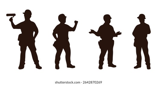 Set of silhouettes of builder men in helmet with isolated on white background. Icons of man working with instruments: ladder, pliers, bucket, bricks, burrow, hammer.