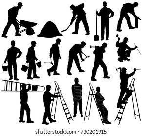 Set of silhouettes of builder men in helmet with isolated on white background. Icons of man working with  instruments: ladder, pliers, bucket, bricks, burrow, hammer.