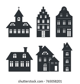 Set of silhouettes of building isolated on white background. Vector illustration with set of six different black two or more floor buildings with wide windows