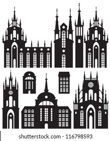 set of silhouettes of buildings castles and churches
