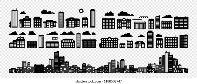 Set - Silhouettes of buildings. Urban cityscape. Vector illustration.